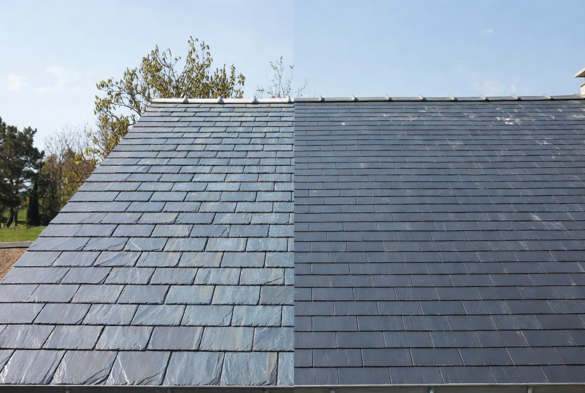 Tuiles en ardoise sur toiture ancienne – comparaison ardoise naturelle et artificielle