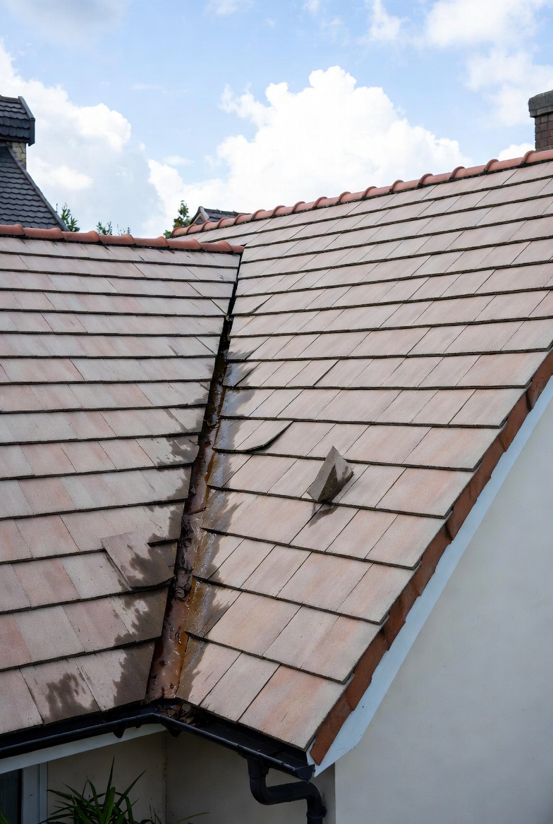 Toiture dégradée avec tuiles manquantes, illustrant les risques d'une fuite non traitée